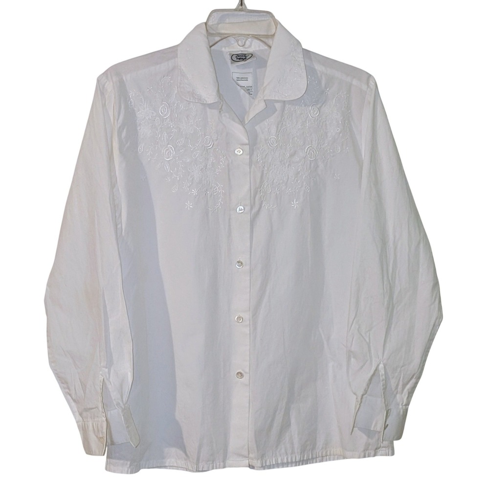 Vtg Laura Ashley White Embroidered Cotton Button Up Shirt Blouse Top Size 6 80's